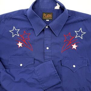 Plains Western Wear Men's Long‎ Sleeve USA Star 4th Of July XL Blue Pearl Snap
